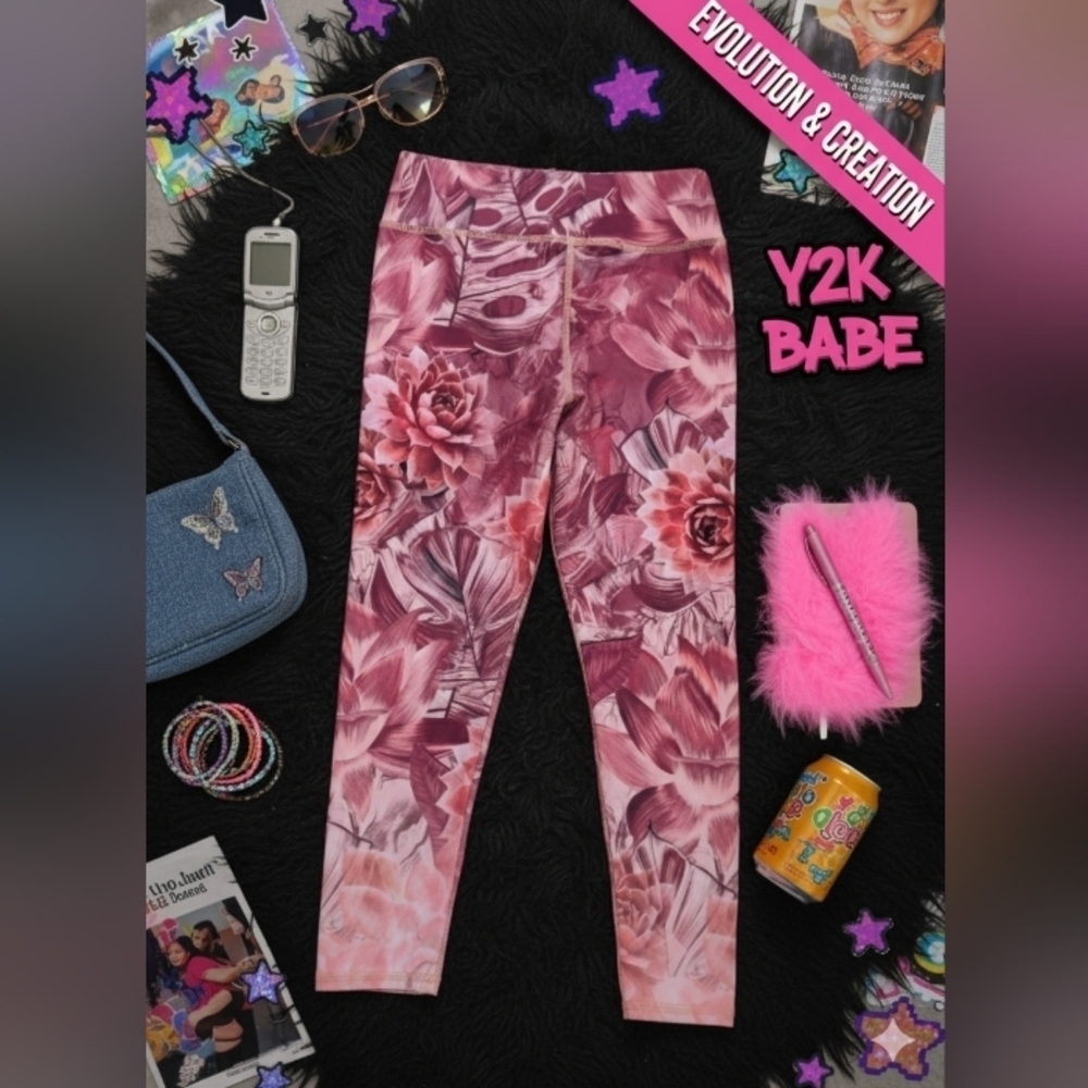 EVCR Floral Leggings Pink Lotus Print Size Medium